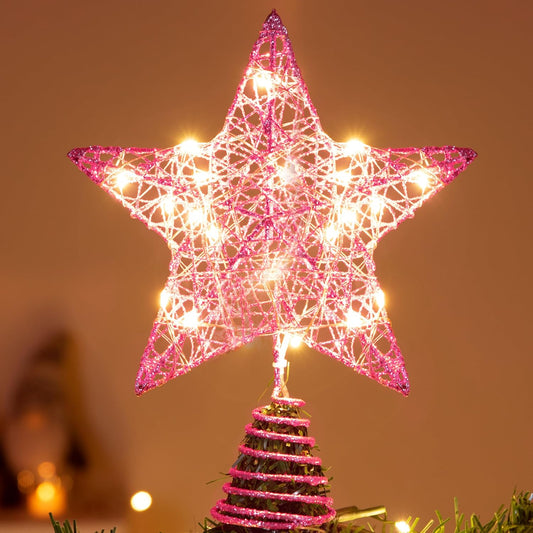 8" Kersfees Glitterskerboomtoppe, Pienk Sterretjie met 20 LED Warmwitliggies Versierings