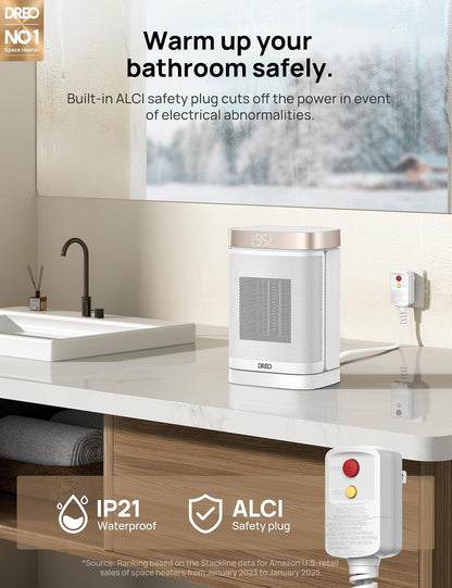 Verwarmer 1500W Veilig en Stil PTC Keramiekverwarmer, 5-35°C Digitale Termostaat, 70°Ossillerend, Afstandbeheer, ALCI Veiligheidsproppie, 12h Tydhouer, 5 Modes - Wit