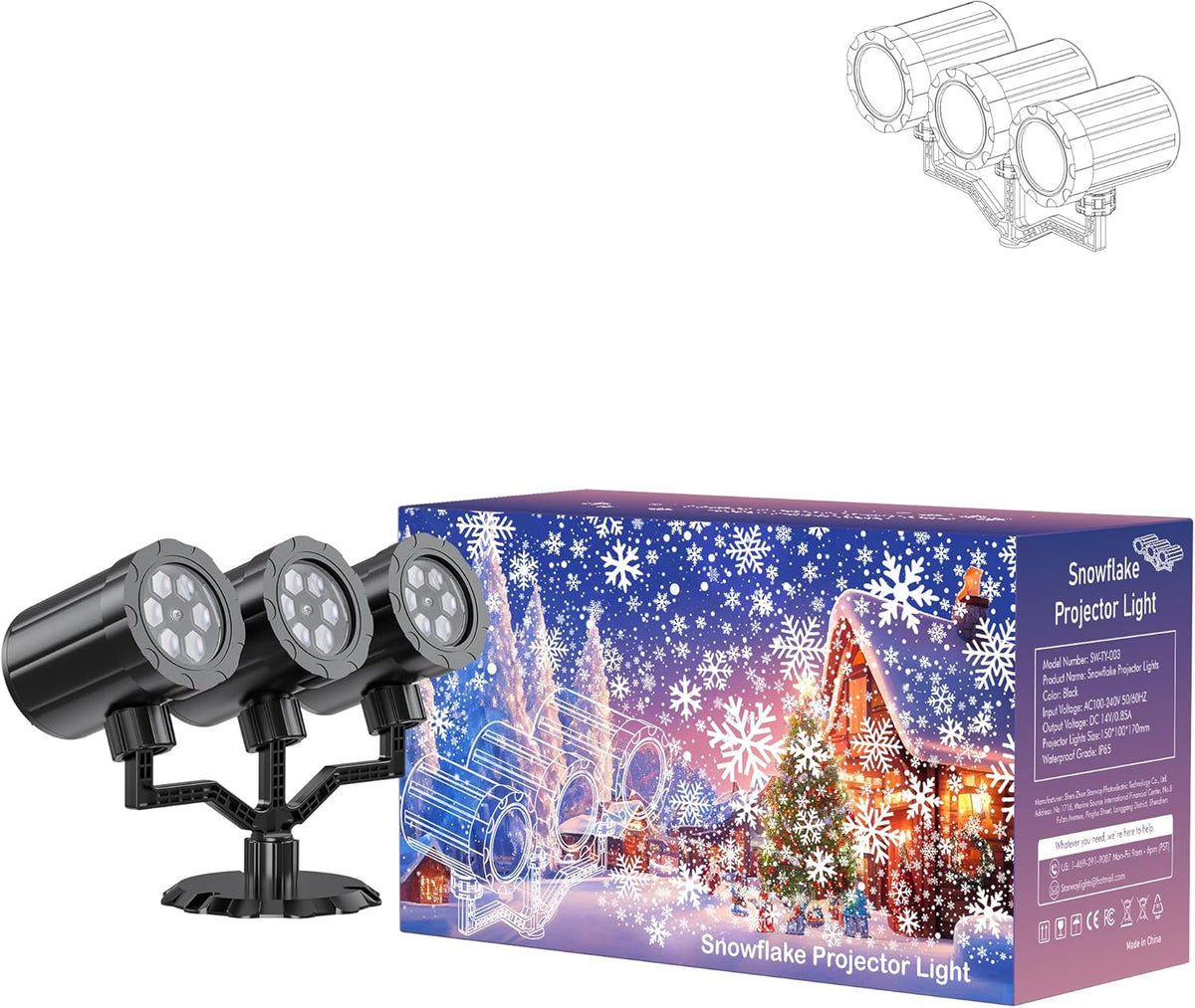 Christmas Three Head Snowflake Projector  Upgraded Multi-Mode 360°Rotating, Waterproof Holiday Decorations - White