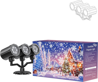 Christmas Three Head Snowflake Projector  Upgraded Multi-Mode 360°Rotating, Waterproof Holiday Decorations - White