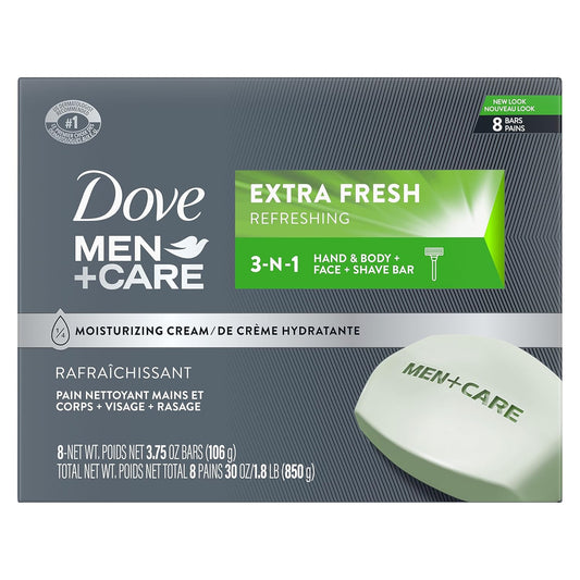 DOVE MEN CARE 3 in 1 Bar Cleanser for Body, Face, and Shaving Extra Fresh Cleanser Bar Soap to Clean and Hydrate Skin (Pack of 8)