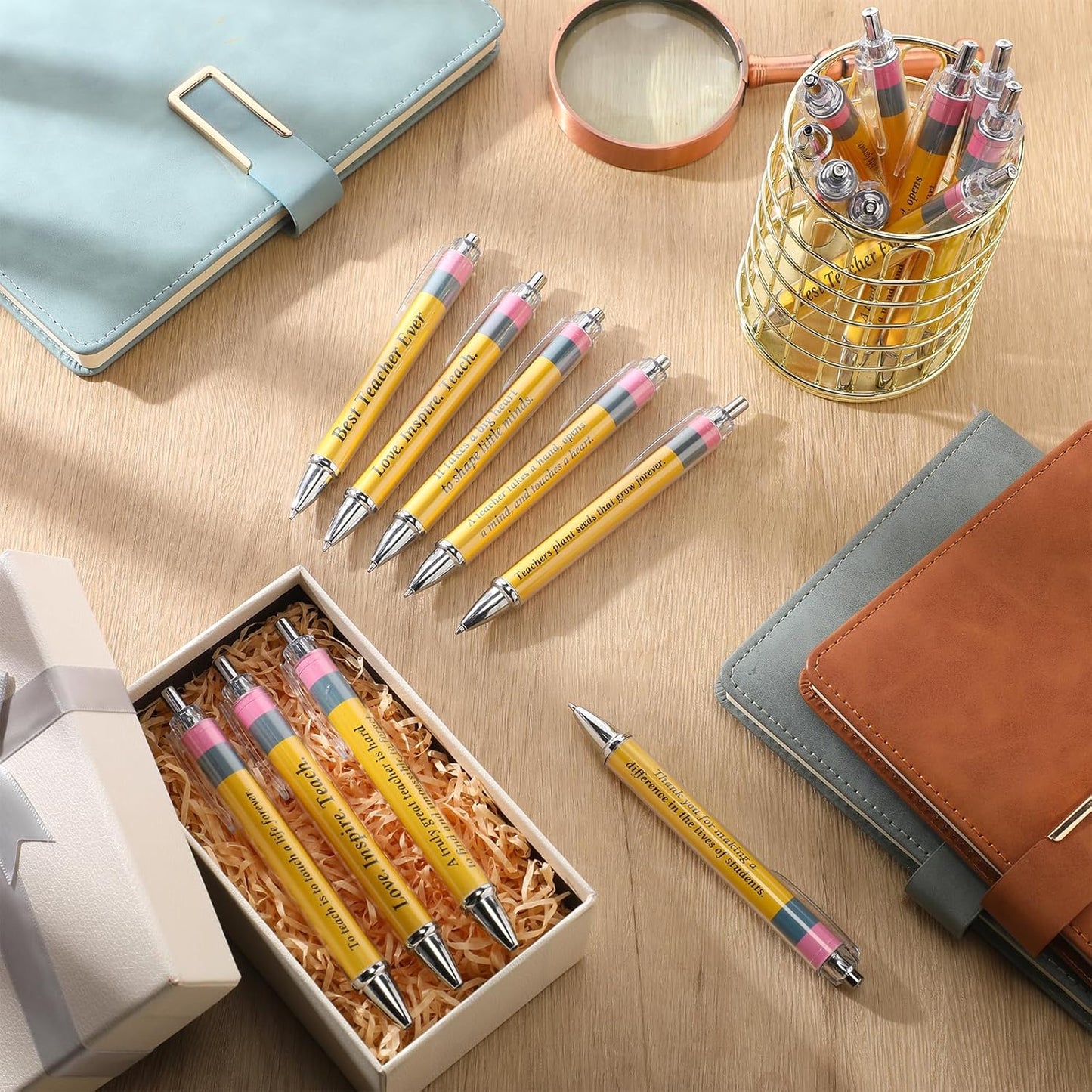 54 Pcs Back to School Teachers Pens Bulk Teacher Appreciation Gifts Inspirational Yellow Retractable Ballpoint Pens for Coworker Staff Thank You Gifts Office Writing Stationary Supplies
