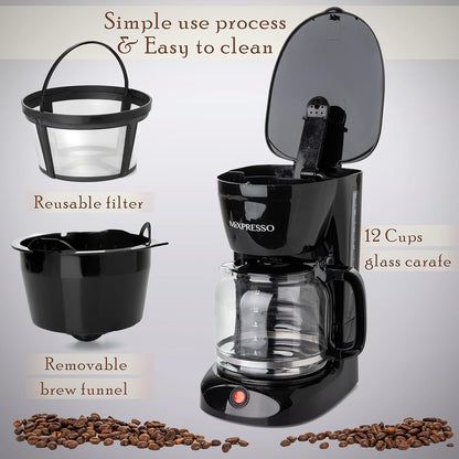 Mixpresso 12 Koppie Koffiepot, Outo-afskakeling en Herbruikbare Filter, Groot Drupkoffiemaker 12 Koppie Borosilikaatglas Karaf, Anti-Drup Koffiemasjien Waterpeilvenster, Swart Elektriese Koffiemaker