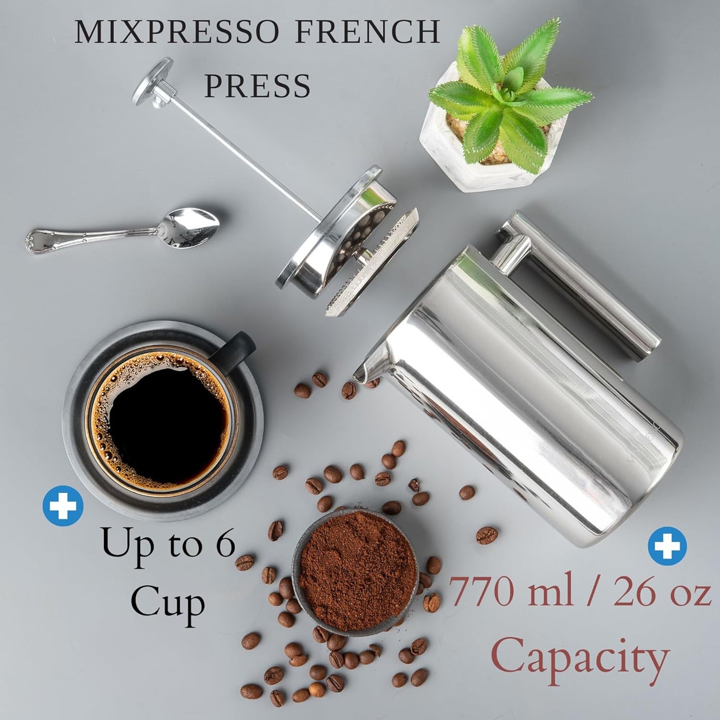 Mixpresso Vlekvrye Staal Franse Pers Koffiemaker 800ml (27 Oz), Dubbelwandige Geïsoleerde Franse Pers Vlekvrye Staal, Ingeboude Termometer, Maklik Skoonmaak Tee Brouer, Maklik Drukbare Duursame Metaal Koffiepers