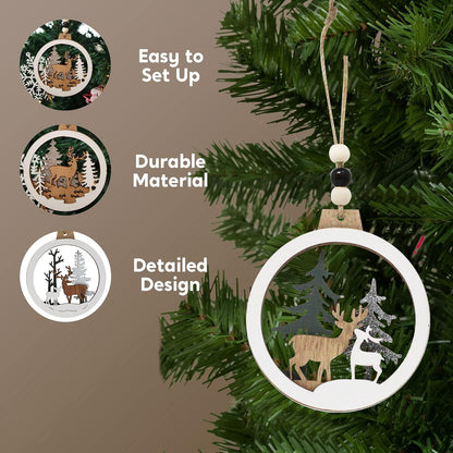 (6PCS) Christmas Wooden Ornaments Farmhouse Rustic Reindeer, Hanging Wood Ornaments - Classic