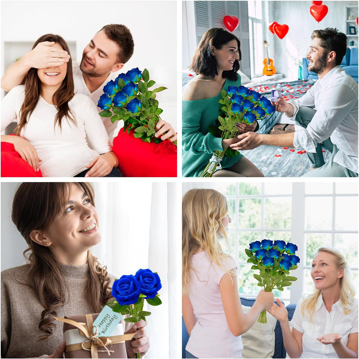50 PCS Bulk Royal Blue Artificial Flowers, Fake Velvet Blue Roses W/ Stems