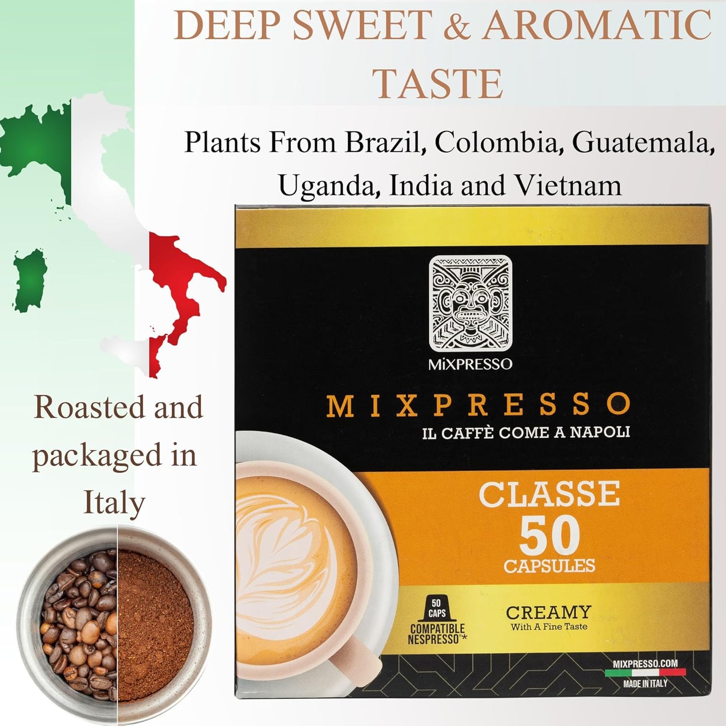Mixpresso Classe Koffie-Espresso Kapsules Versoenbaar Met Nespresso Oorspronklike Brouers, Enkelkoppie Koffiepeule 100% uit Italië, Medium Gebraaide 80% Arabica Espresso, 50 Tellings Koffiekapsule Intensiteit 8/12