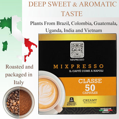 Mixpresso Classe Koffie-Espresso Kapsules Versoenbaar Met Nespresso Oorspronklike Brouers, Enkelkoppie Koffiepeule 100% uit Italië, Medium Gebraaide 80% Arabica Espresso, 50 Tellings Koffiekapsule Intensiteit 8/12