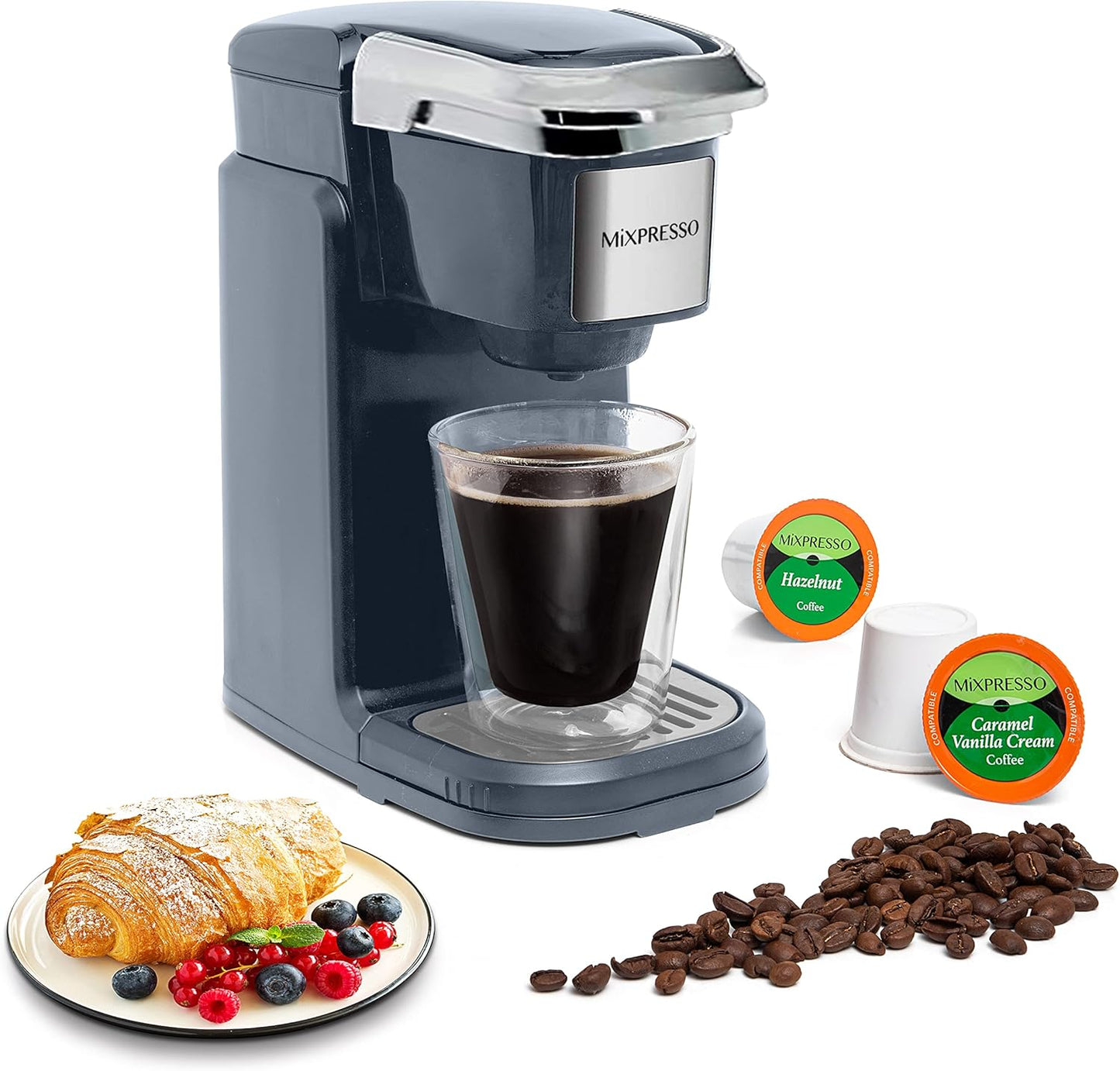 Mixpresso Enkelkoppie Koffiebrouer - Vinnige Brou, Een-Raak Funksie, 350ml Een Koppie Grys Koffiemaker