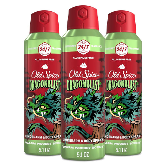 Old Spice Aluminum Free Body Spray for Men, 24/7 Odor Protection, Cologne Quality Scent - Dragonblast w/ Warm Woodsy Scent (Pack of 3)