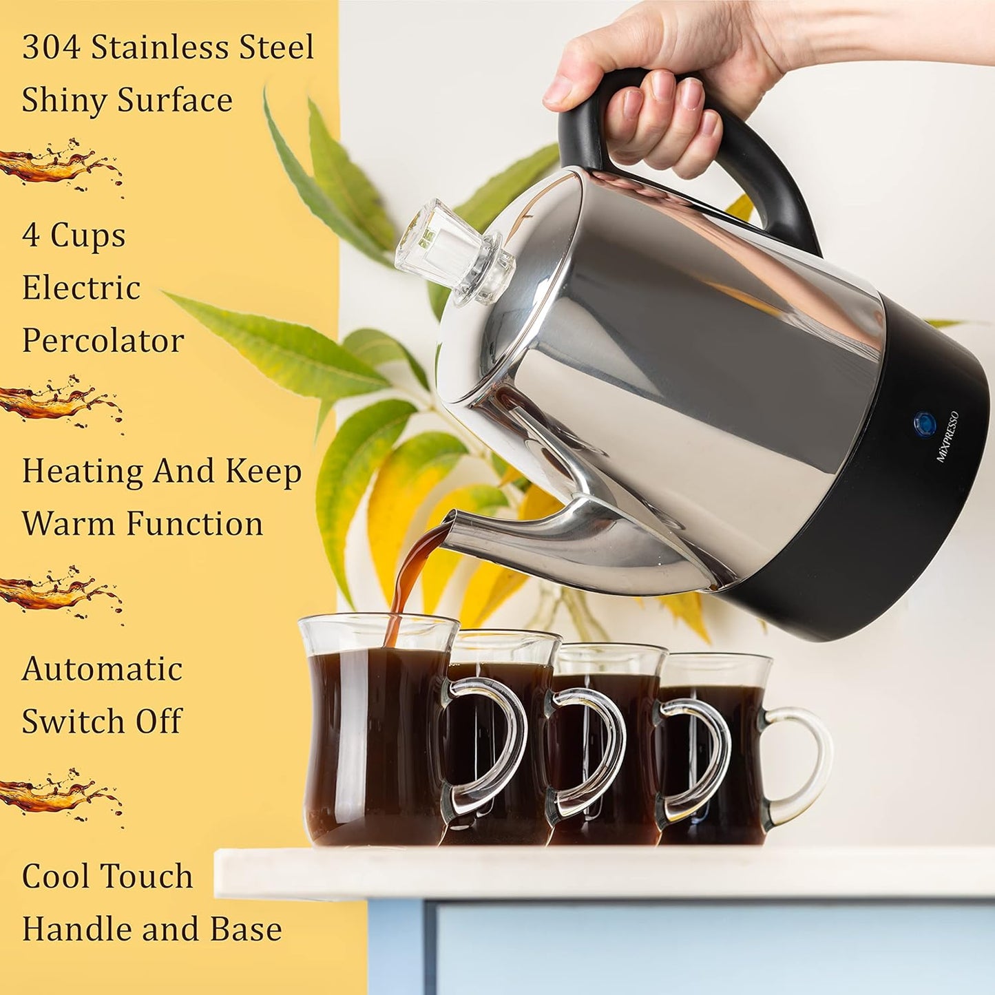 Mixpresso Klein Perkolator Koffiepot Elektries 4 Koppies, Vlekvrye Staal Koffiemaker, Koffieperkolator Elektries Met Warmhou-funksie, 4 Koppies Vlekvrye Staal Perkolator Met Mandjie