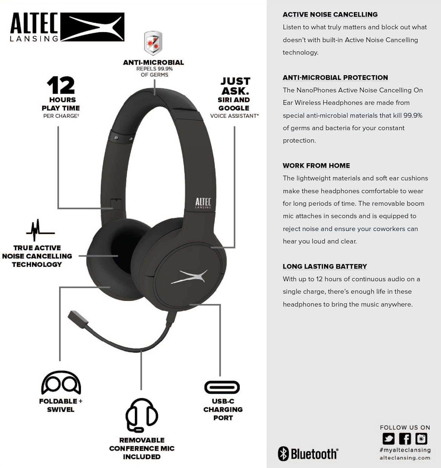 Altec Lansing Nanophones ANC Bluetooth Draadlose Aktiewe Geraasdempende Oorfone Op-Oorfone 12 Uur Batterylewe, Opvoubare Oorkoppies, Verwyderbare Mikrofoon vir Werk en Leer van die Huis af (Grys)