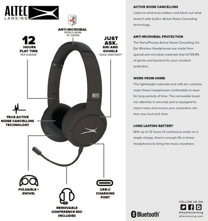 Altec Lansing Nanophones ANC Bluetooth Draadlose Aktiewe Geraasdempende Oorfone Op-Oorfone 12 Uur Batterylewe, Opvoubare Oorkoppies, Verwyderbare Mikrofoon vir Werk en Leer van die Huis af (Grys)