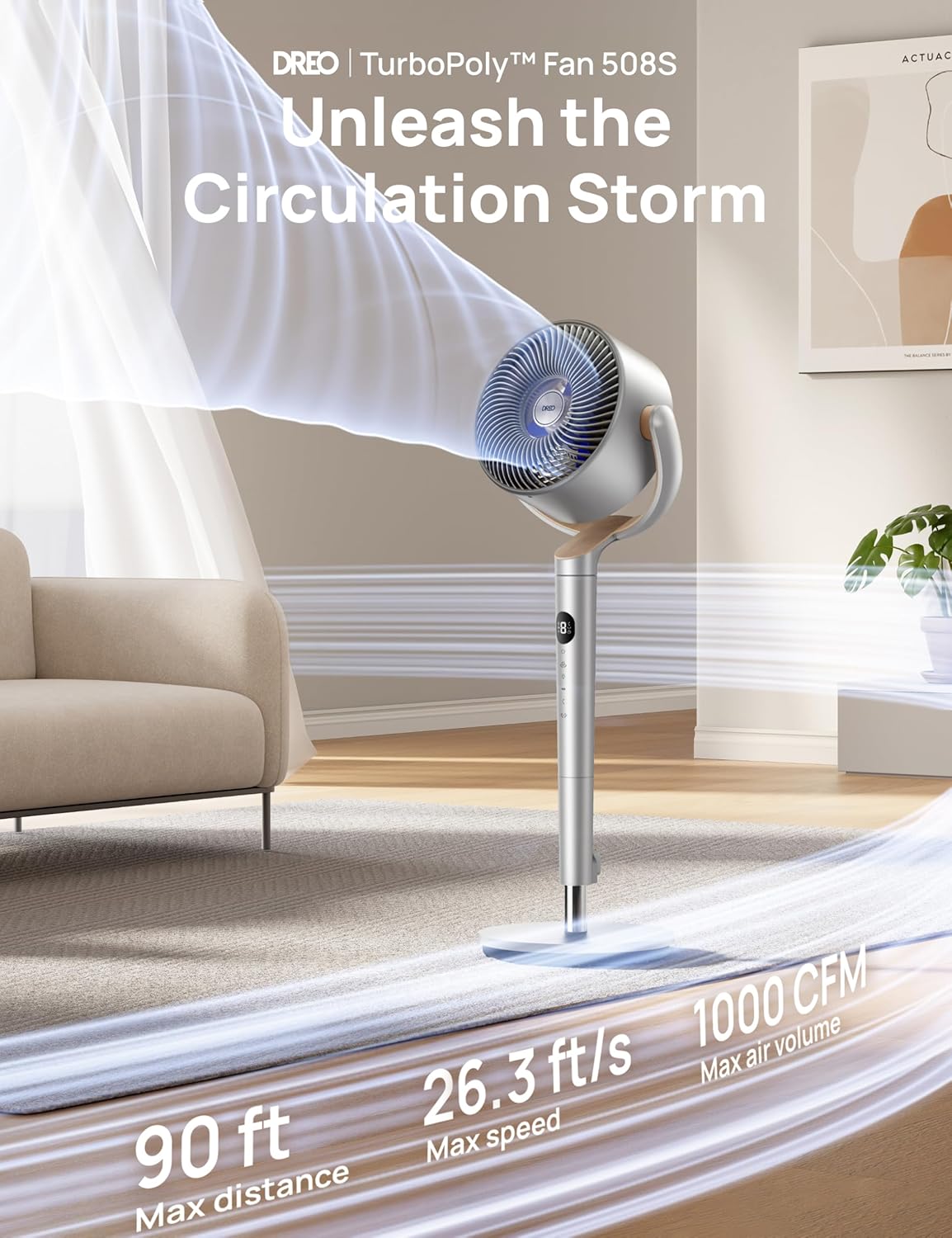 Slim Ossillerende Waaier 120° Omnirigting, 27m Stil Voetstuk m/ RGB Lig, 9 Spoede, 6 Modusse 8H Tydhouer, Wi-Fi/Stem, 94-107cm - Silwer
