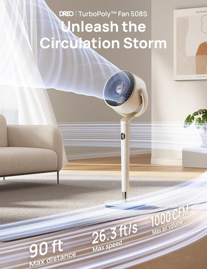 Slim Ossillerende Waaier 120° Omni-Rigting, 90vt Stil Voetstuk m/ RGB-Lig, 9 Spoede, 6 Modusse 8H Tydhouer, Wi-Fi/Stem, 37-42" - Wit