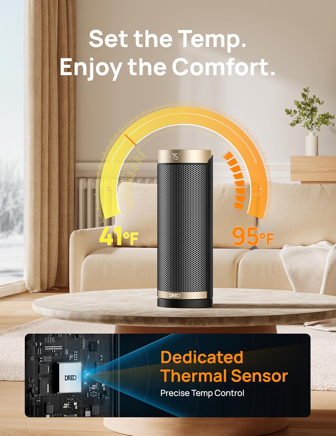 Ruimteverwarmer, 1500W elektriese verwarmers vir binnenshuise gebruik m/ Termostaat, 70° Ossillasie, 8 Veiligheidsbeskermings, 5 Modusse, Afstandbeheer, 12H Aanskakeltydhouer