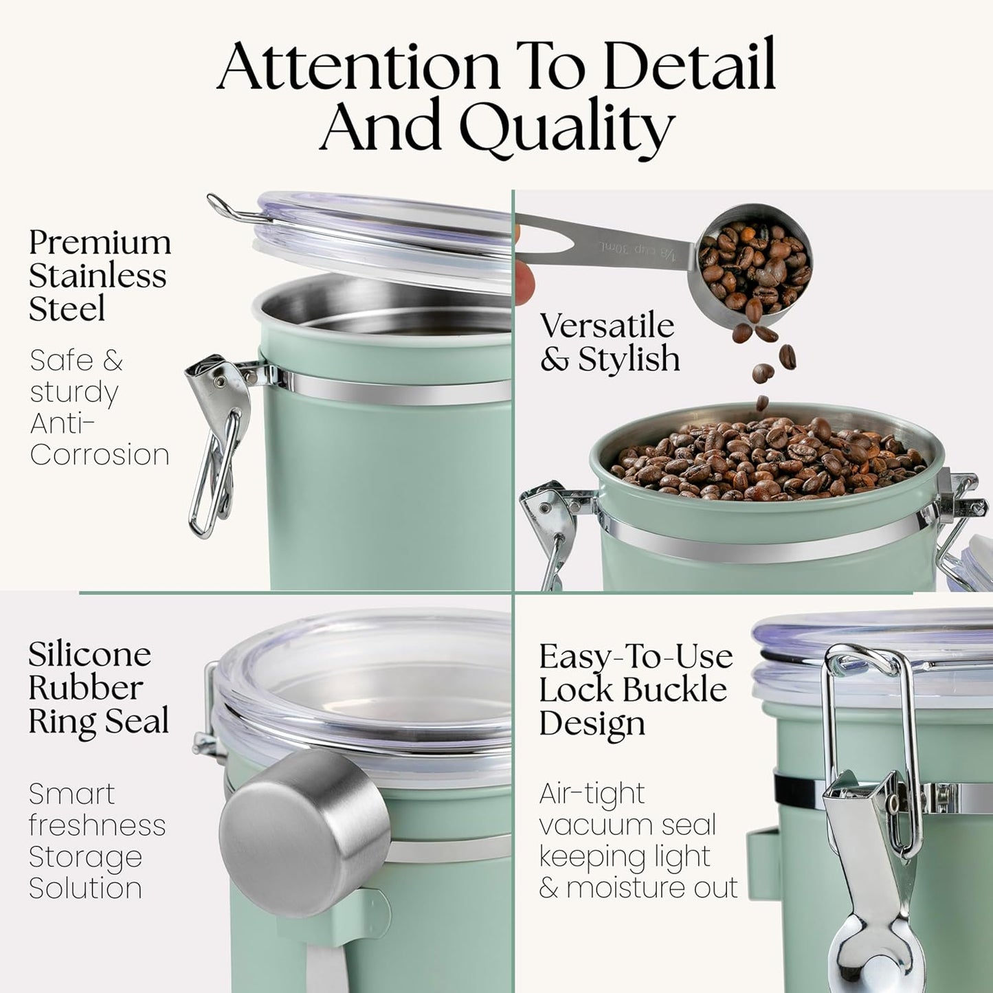 Mixpresso Groen Koffiekan, 16oz Lugdigte Vlekvrye Staal Kombuiskosbergingshouer met Deursigtige Deksel en Lepel. vir Gemaalde Koffie, Bone, Tee, Meel, Graankosse, Vakuumverseëlde Suikerhouer