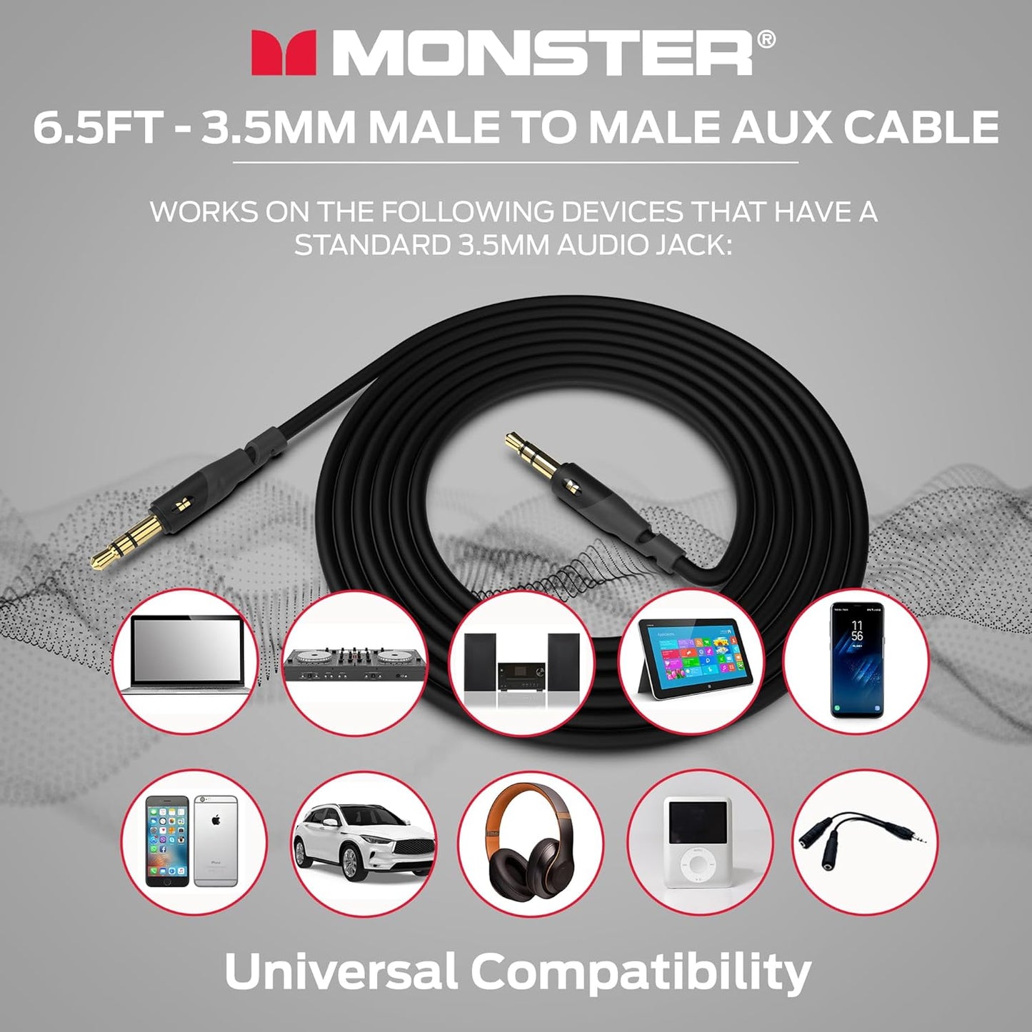 Monster Gen1 Essentials Mini-na-Mini-interkonnekteerklankkabel 3.5mm Manlik-na-Manlik, 6.5FT Aux-koord met Duraflex-omhulsel, Premium Vergulde Koppelaars, Kabel vir Motor, Huis, Stereo