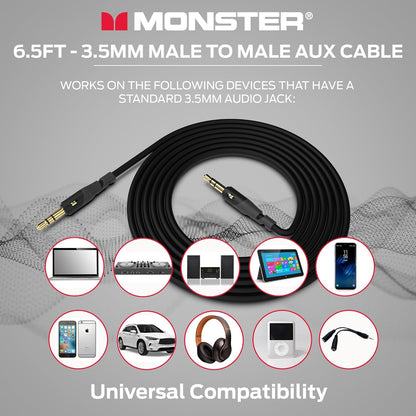 Monster Gen1 Essentials Mini-na-Mini-interkonnekteerklankkabel 3.5mm Manlik-na-Manlik, 6.5FT Aux-koord met Duraflex-omhulsel, Premium Vergulde Koppelaars, Kabel vir Motor, Huis, Stereo