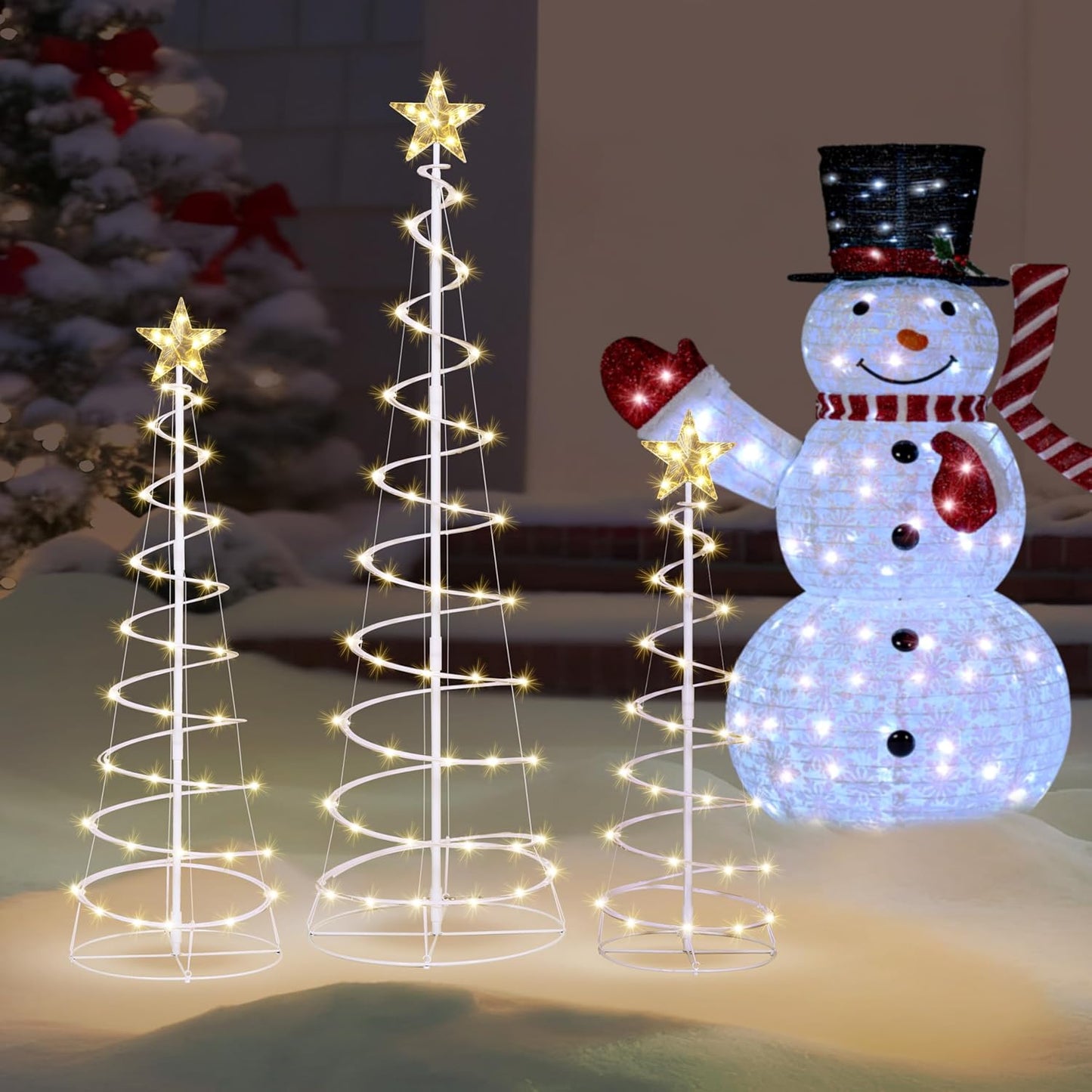 (3 Pack) Spiral Christmas Tree Lights, 218 LED Outdoor Lighted Tree with Star Topper & Stakes, Christmas Decorations - Warm White