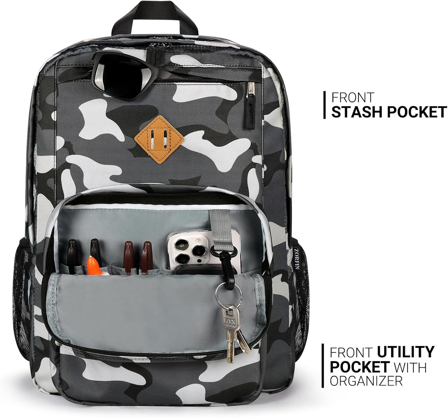 26L Backpack for School, College, and Travel: Water Resistant Bookbag with 8 Compartments - Camo Black