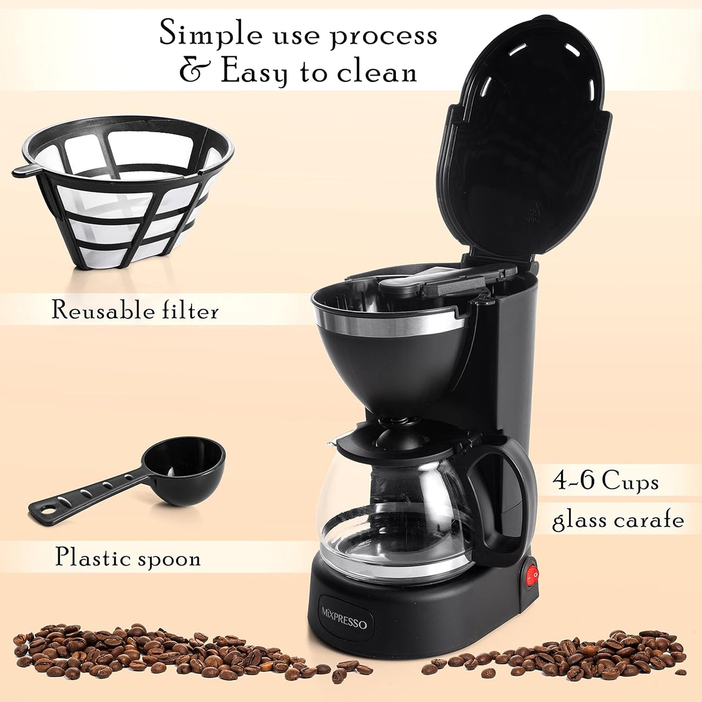 Drupkoffiemaker deur Mixpresso Coffee (6 Koppies), Swart