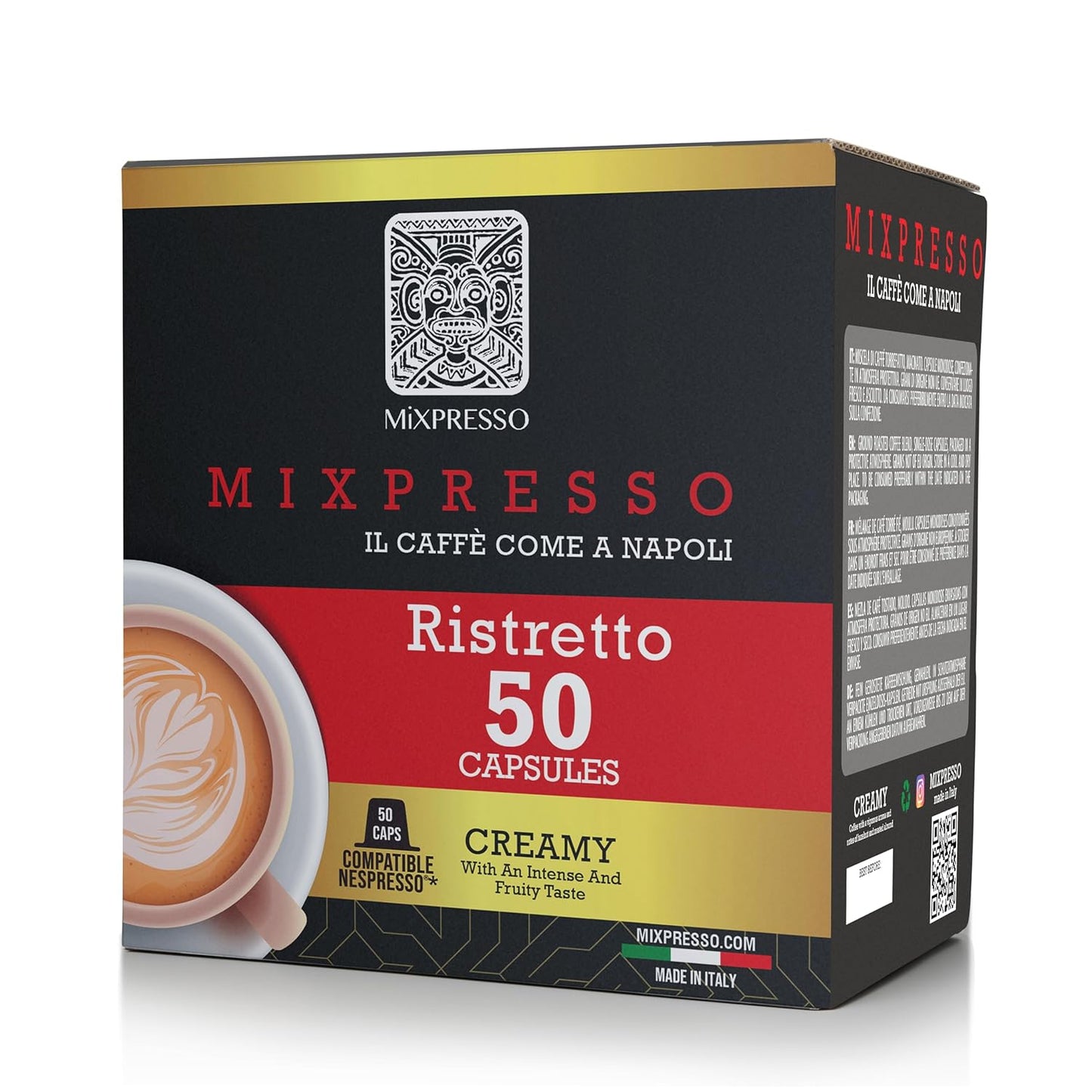 Mixpresso Koffie Ristretto Espresso Kapsules Versoenbaar Met Nespresso Oorspronklike Brouers, Enkel Koppie Koffie Peule 100% uit Italië Donkerbraai 80% Arabica Espresso, 50 Stuk Koffie Kapsule Intensiteit 12/12