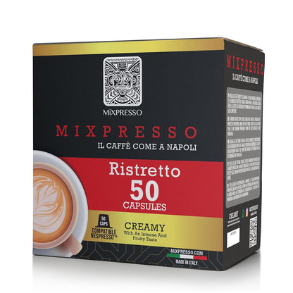 Mixpresso Koffie Ristretto Espresso Kapsules Versoenbaar Met Nespresso Oorspronklike Brouers, Enkel Koppie Koffie Peule 100% uit Italië Donkerbraai 80% Arabica Espresso, 50 Stuk Koffie Kapsule Intensiteit 12/12