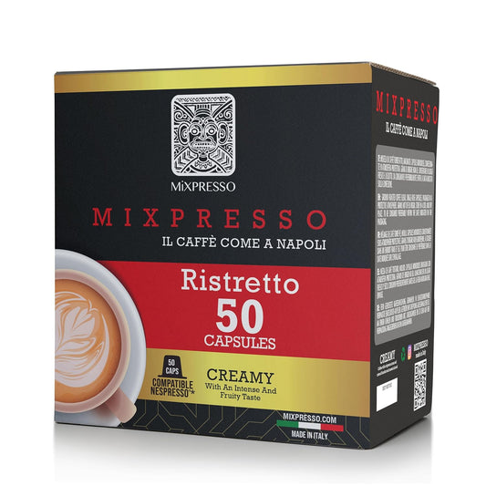 Mixpresso Koffie Ristretto Espresso Kapsules Versoenbaar Met Nespresso Oorspronklike Brouers, Enkel Koppie Koffie Peule 100% uit Italië Donkerbraai 80% Arabica Espresso, 50 Stuk Koffie Kapsule Intensiteit 12/12