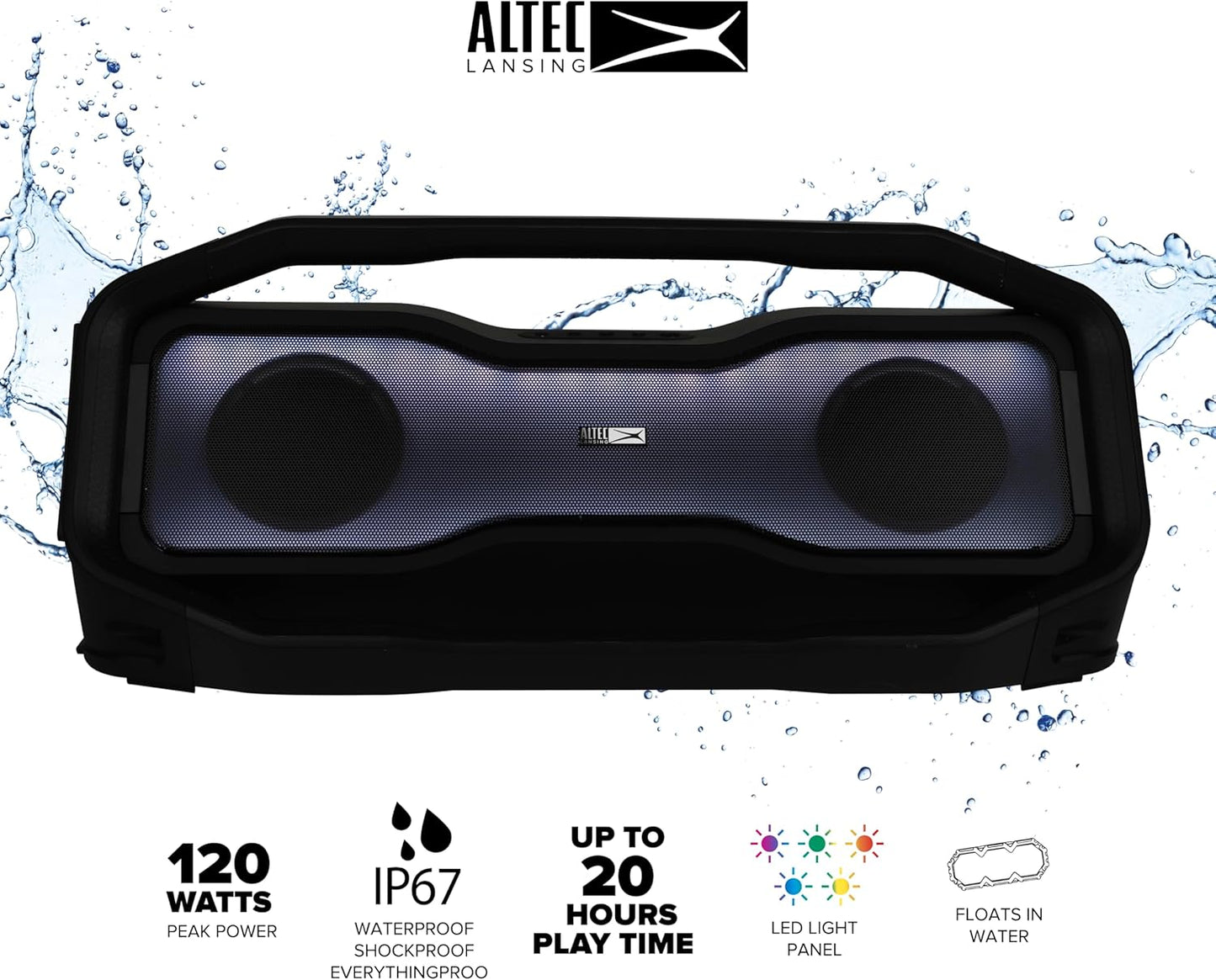 Altec Lansing Rockbox XL 2.0 Draagbare Bluetooth Draadlose Luidsprekers met LED-ligte, IP67 Waterdig en Duursaam vir Buitelug, 20 Uur Battery met Toepbeheer