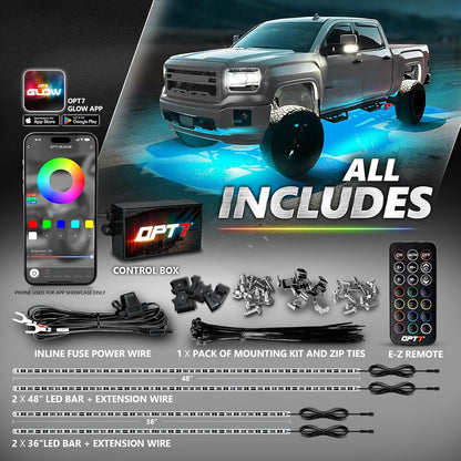 Aura Pro RGB Aluminum Truck Underglow Kit w/ App & Remote Control Waterproof 1-Piece Rigid Bars, 4PC Multicolor Music Sync Lighting, Exterior.