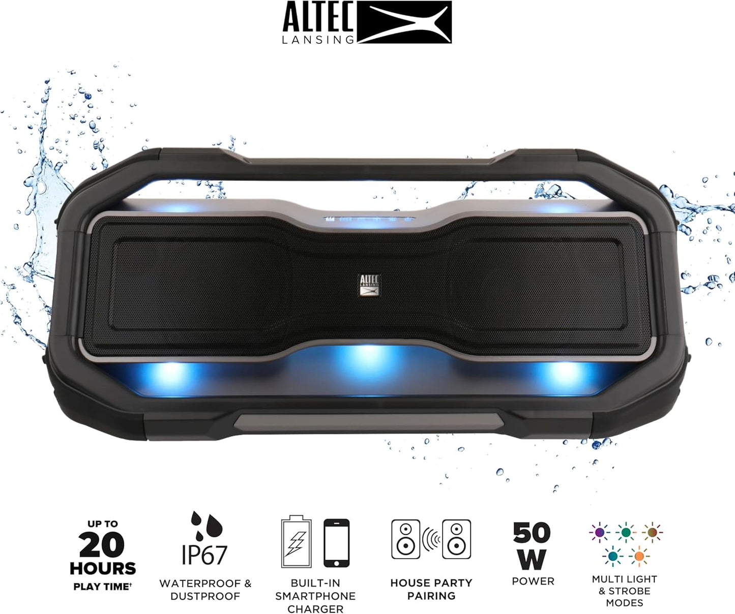 Altec Lansing ROCKBOX XL Draadlose Bluetooth-luidspreker, Draagbare Waterdigte Luidspreker met 20 Uur Speeltyd en 5 Verligte LED-ligmodusse, Drywende Draadlose vir Binne en Buite