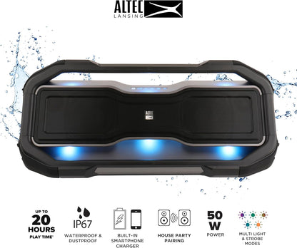 Altec Lansing ROCKBOX XL Draadlose Bluetooth-luidspreker, Draagbare Waterdigte Luidspreker met 20 Uur Speeltyd en 5 Verligte LED-ligmodusse, Drywende Draadlose vir Binne en Buite