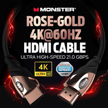Monster Rose Gold HDMI-kabel 4K Ultra HD — Xbox Series X, PlayStation 5, Nintendo, Apple TV HDMI-kabel — 24K Goue Kontakte, Hoëspoed 21 Gbps, 60/120 Hz, Duraflex-bedekking (8 VT)