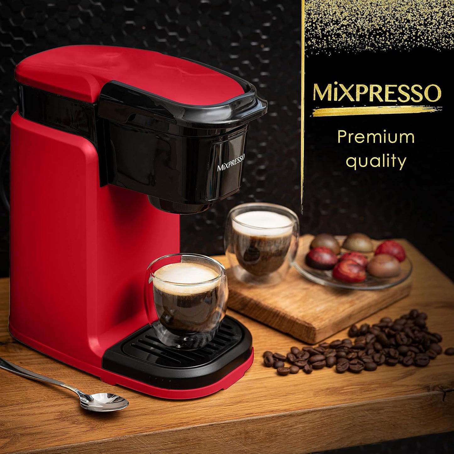 Mixpresso Enkelkoppie Koffiemaker, Persoonlike Enkelbedien-Koffiebroumasjien, Versoenbaar met Enkelkoppies, Vinnige Brou-Tegnologie, Een-Raak Funksie Rooi Koffiemaker, 355ml Enkelkoppie Koffiemaker