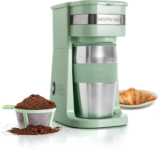 Mixpresso Groen Persoonlike Enkelbediening Koffiemaker met 14oz Reismok, Drup Klein Koffiemaker met Outomatiese Afskakeling, Herbruikbare Filter, Werk Slegs met Gemaalde Koffie – Nie vir K-beker Peule Nie