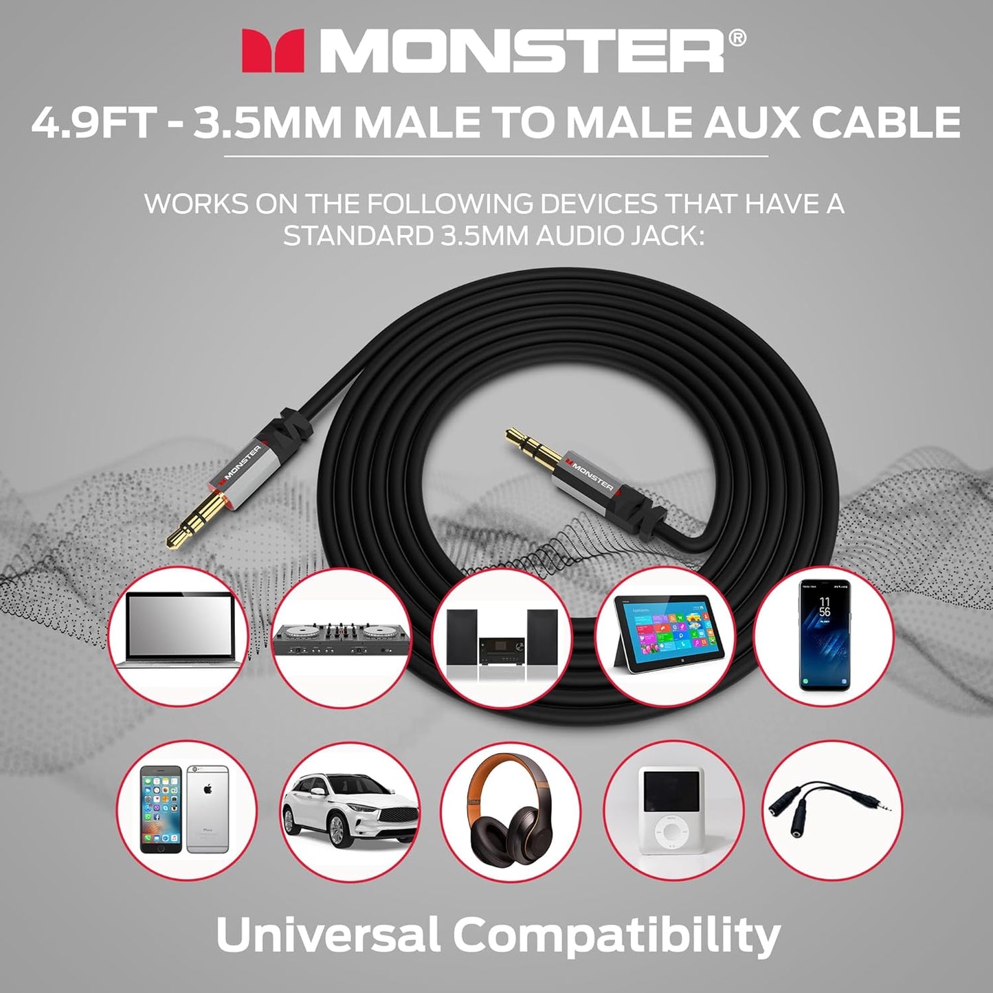 Monster Gen2 Essentials Oudiokabel 3.5mm Manlik-na-Manlik Aux-koord vir Kar, iPhones, Oorfone, 1.5m Duraflex-omhulsel, Vergulde Koppelaars, Uitstekende Klankgehalte en Duursame Kabel