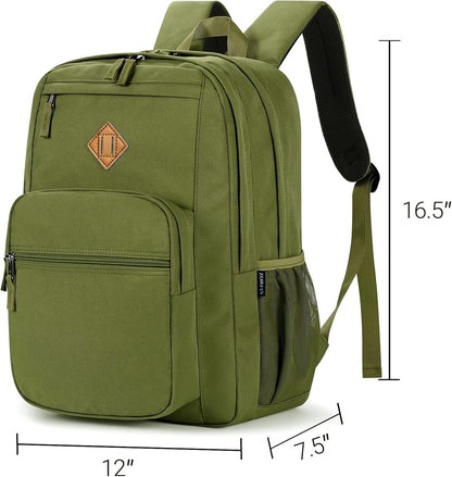 26L Backpack for School, College, and Travel: Water Resistant Bookbag with 8 Compartments - Army Green