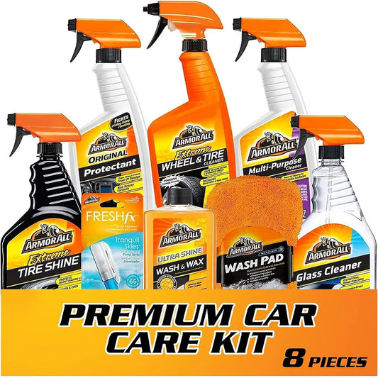 Armor All Premier Motorversorgingskit, Sluit Motorwas- en Wasstel, Glasreiniger, Motorlugverfrisser, Band- en Wielsuiwerer in - (8 Stuk Kit)