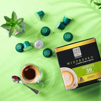Mixpresso Lungo Koffie Espresso Kapsules Versoenbaar Met Nespresso Oorspronklike Brouers, Enkel Koppie Koffie Peule 100% Vanuit Italië, Donker R&ooml;sting 80% Arabica Espresso, 50 Tellings Koffie Kapsule Intensiteit 10/12