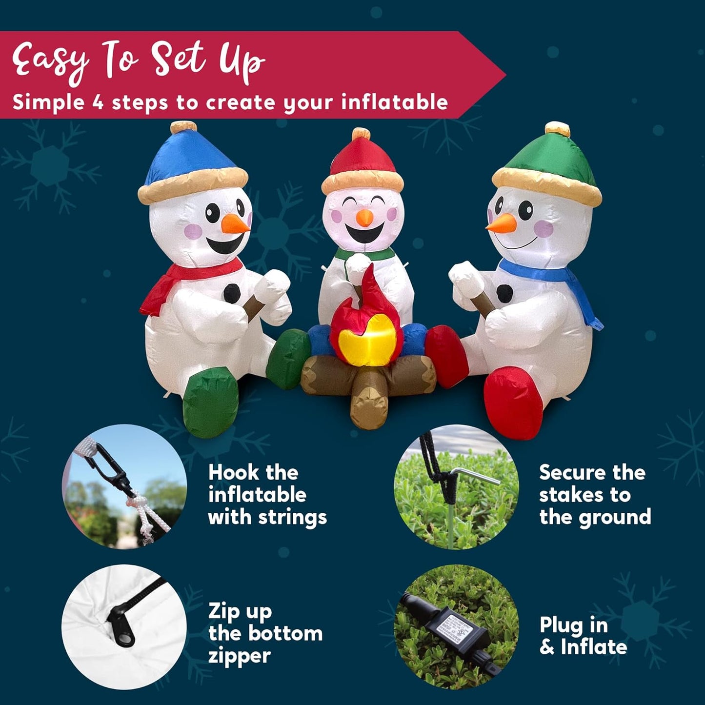6 FT Long Christmas Inflatable Snowman w/ Campfire, 3 Pack Small Snowman Built-in LEDs Blow Up Yard Decoration
