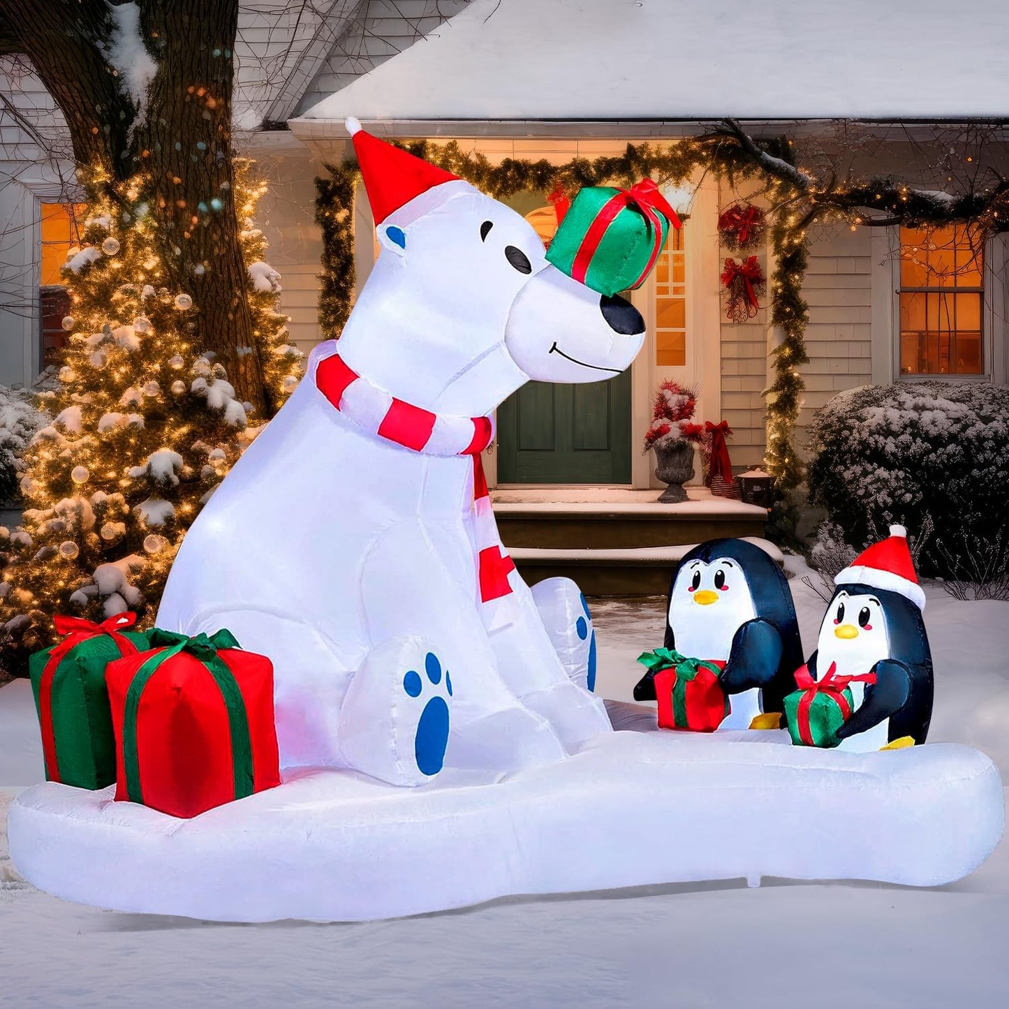 (6 FT) Long Christmas Inflatable Decoration Polar Bear & Penguins w/ Build-in LEDs, Blow Up Inflatable Holiday Season Decoration