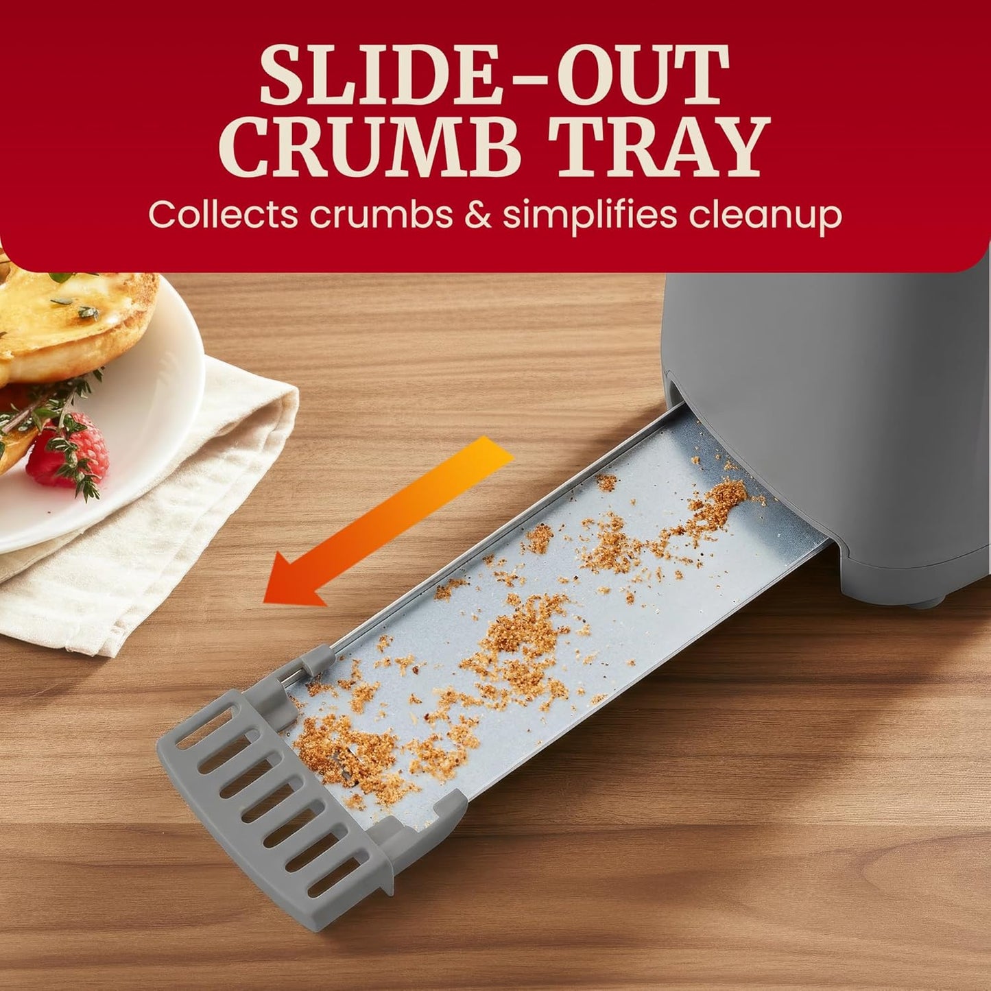 Gourmet Slim Broodrooster met Twee Langgleuwe, Koelaanraak-omhulsel, 6 Verbruiningsvlakke, Ekstra-wye 1.5" Gleuf vir Artisan Brood, Bagels, Wafels en Engelse Muffins - Grys