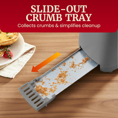 Gourmet Slim Broodrooster met Twee Langgleuwe, Koelaanraak-omhulsel, 6 Verbruiningsvlakke, Ekstra-wye 1.5" Gleuf vir Artisan Brood, Bagels, Wafels en Engelse Muffins - Grys