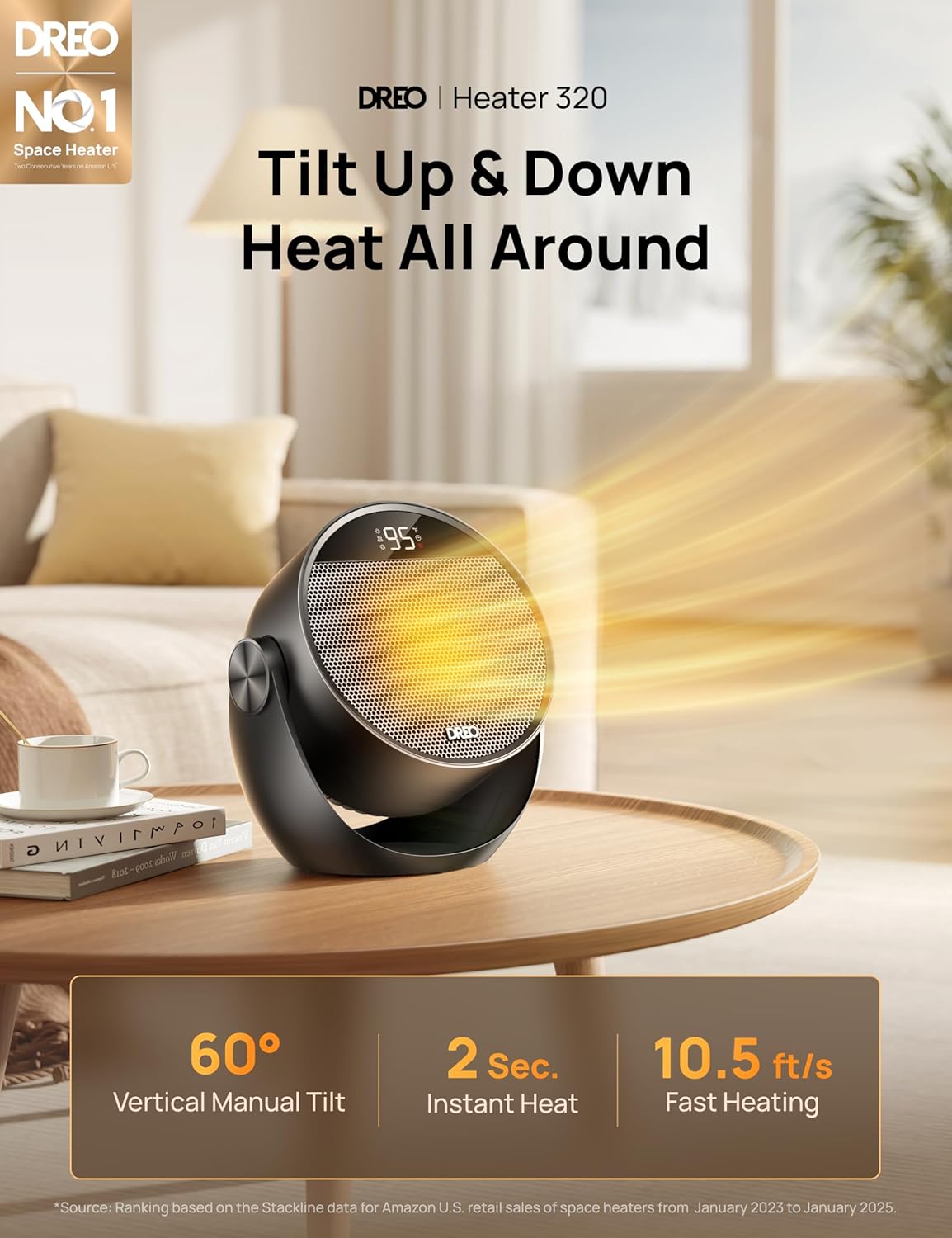 Ruimteverwarmer 1500W, 60° Verstelbare Kanteling, 3.2m/s Draagbare Elektriese Verwarmers vir Binnegebruik m/ Termostaat, 8 Veiligheidsbeskermings, 3 Modusse, Afstandbeheer - Swart