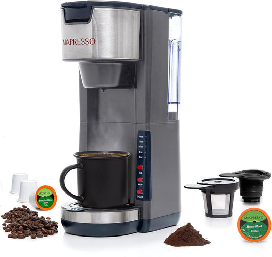 Mixpresso Grys Enkelbedien Koffiebrouer K-Cup Peule Versoenbaar & Gemaalde, 30 oz Kompakte Koffiemaker Enkelbedien Met 5 Brougroottes Tot 14 Oz, Pas Reisbeker, Verstelbare Drupbak