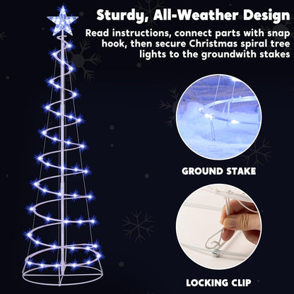 (3Pack) Spiral Christmas Tree Lights, 218 LED Outdoor Lighted Tree with Star Topper & Stakes, Christmas Decorations - Cool White