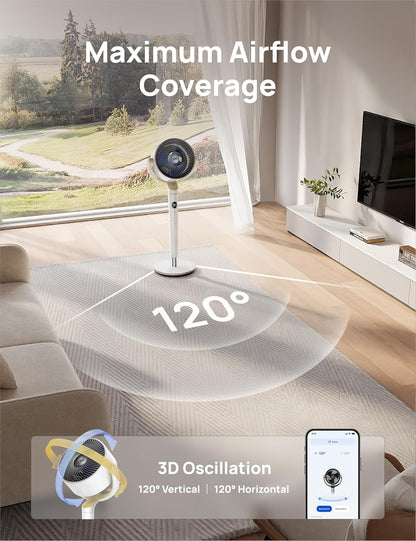 Slim Ossillerende Waaier 120° Omni-Rigting, 90vt Stil Voetstuk m/ RGB-Lig, 9 Spoede, 6 Modusse 8H Tydhouer, Wi-Fi/Stem, 37-42" - Wit