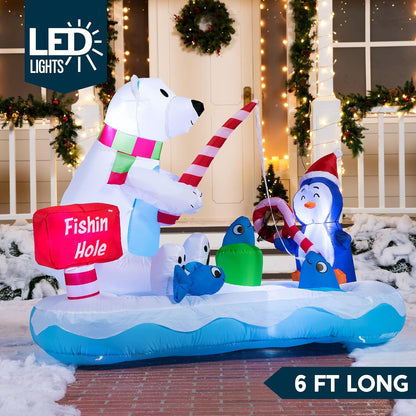 (6FT) Long Christmas Inflatable Penguin & Polar Bear Decoration, Blow Up Yard Fishing Hole Sign w/ Build-in LEDs Decorations