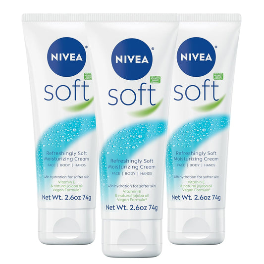 NIVEA Soft Verfrissend Sagte Bevogtigende Room, Liggewig Bevogtiger vir Gesig, Liggaam en Hande, Liggaamroom Verryk met Jojoba-olie en Vitamien E, 75 g Buis, Pak van 3